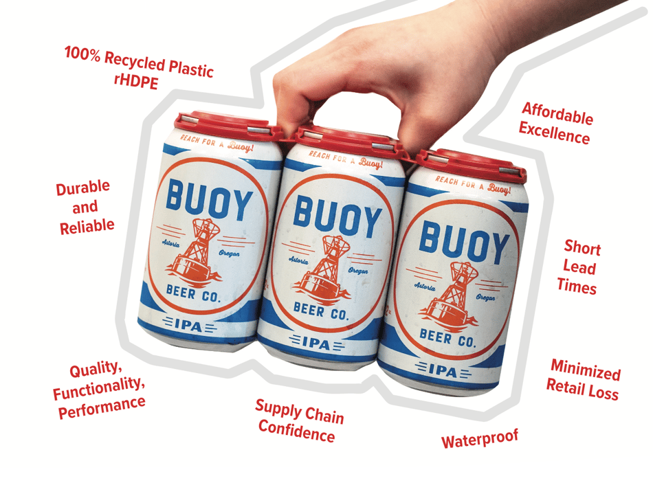 Bouy Beer in Red PakTech Handles with Value Props Listed